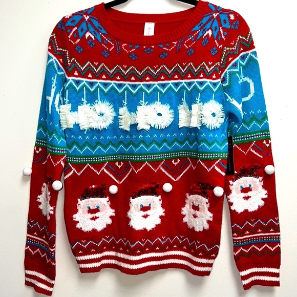 Holiday Tassel HO HO HO Ugly Christmas Party Pretty Santa Sweater - Picture 1 of 7